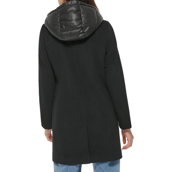 NWT DKNY Black Wool Faux Leather Hooded Bibbed Mixed-Media Blazer Coat XL - Picture 2 of 8